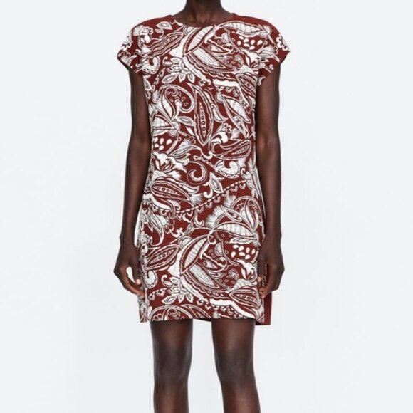Zara Red Brown White Bohemian‎ Embroidered Shift Dress Size Small Short Boho S - Picture 3 of 9